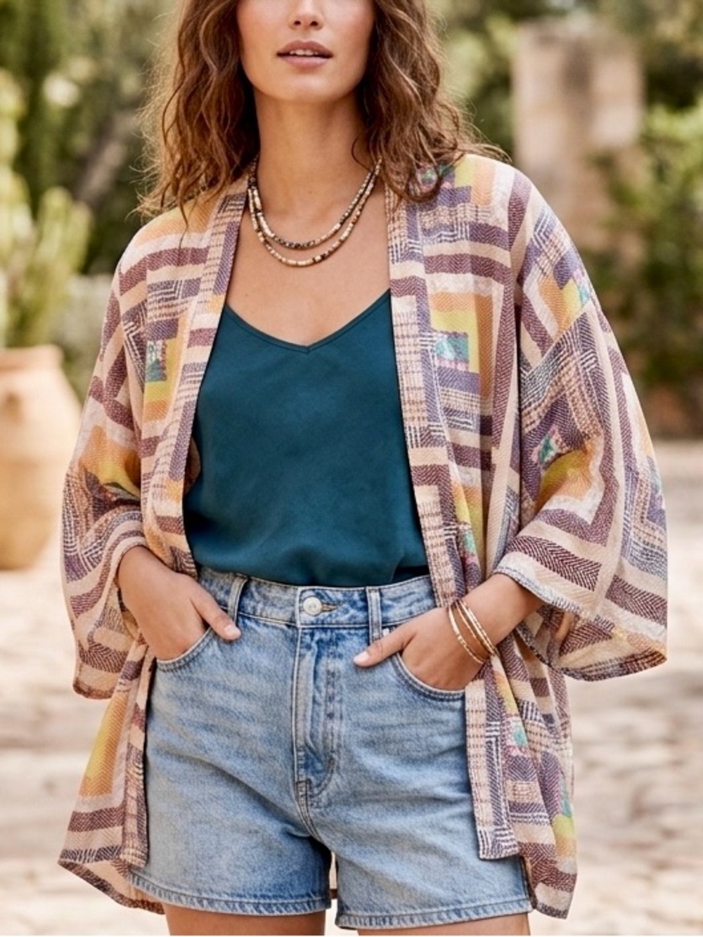 Vintage Geometric Patchwork Print kimono in Multicolors